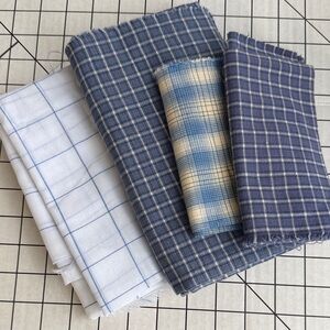 Vintage Blue & White Plaid Cotton Fabric Lot | Quilting Yardage & Remnants